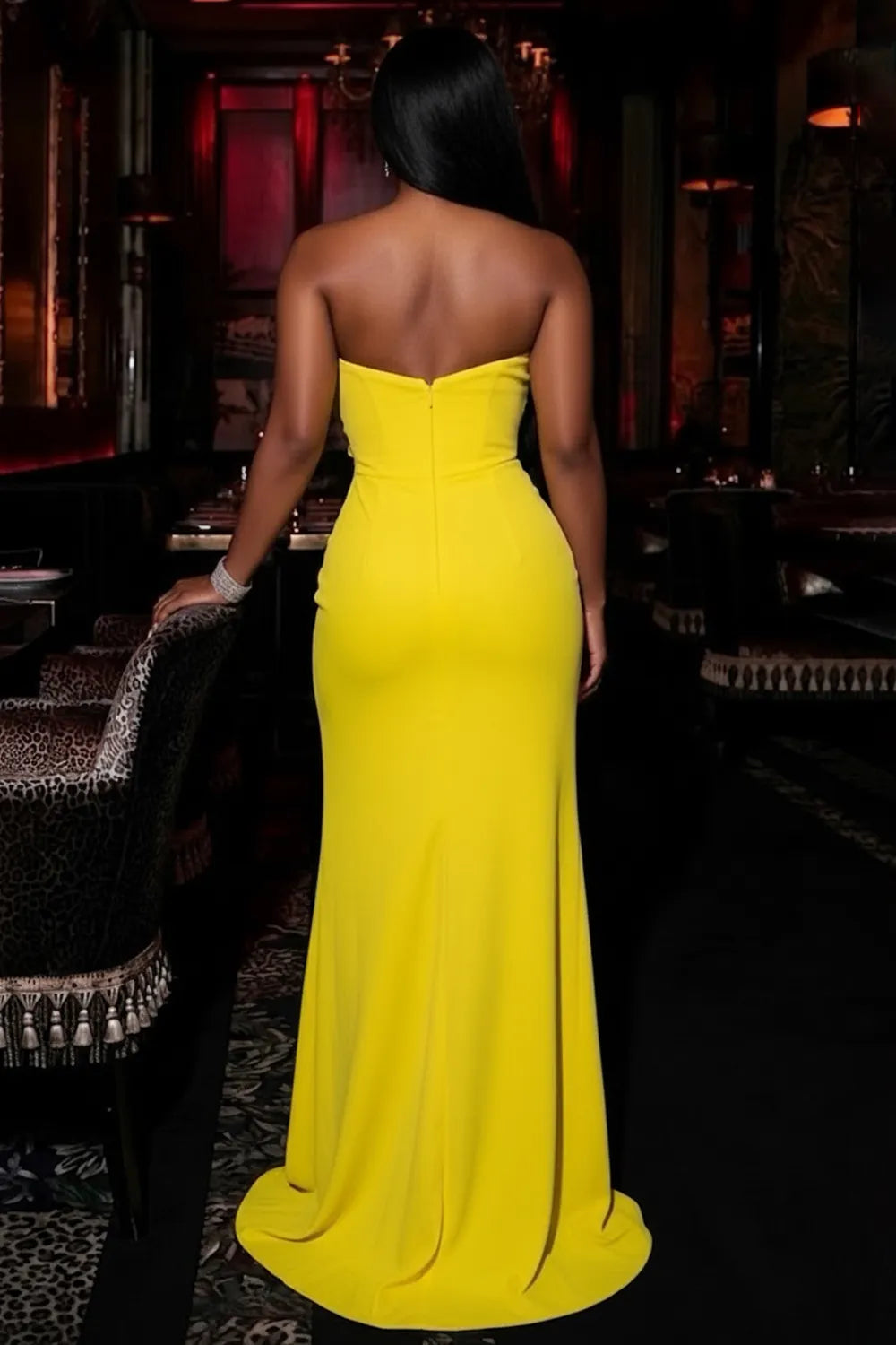 Strapless 3D Flower Slit Solid Color Gowns Maxi Dresses-Yellow