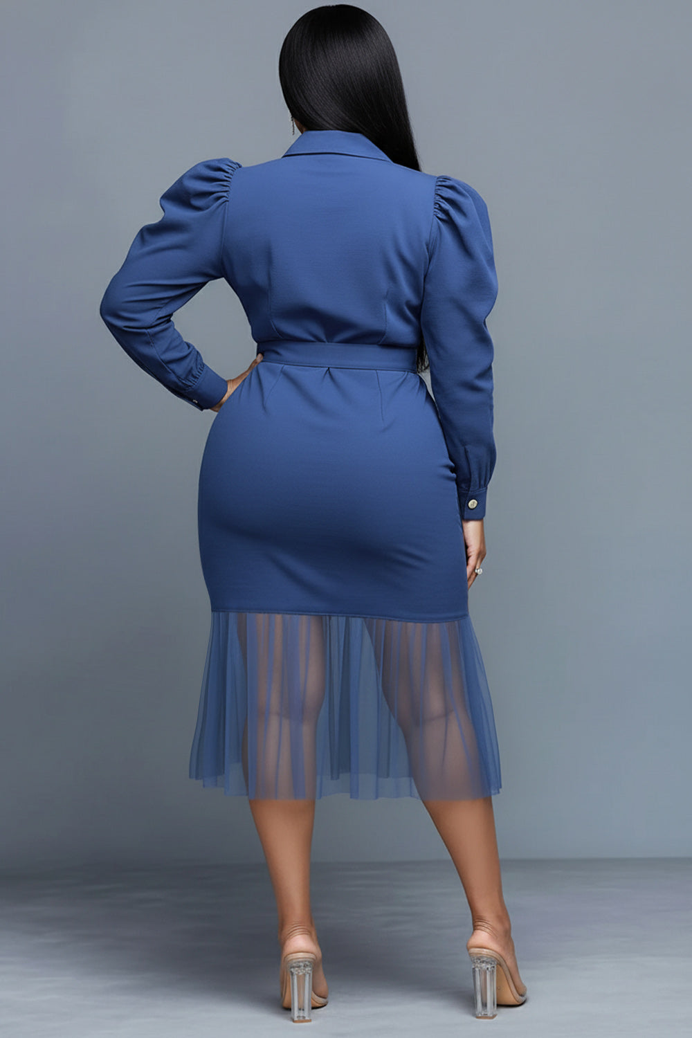 Xpluswear Design Plus Size Business Casual Blue Shirt Collar Long Sleeve Ruffle Elegant Bodycon Tencel Denim Midi Dresses