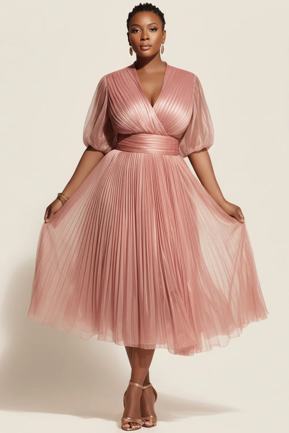 Wedding Guest Pink Wrap Neck Short Sleeve Pleated Tulle Midi Dresses