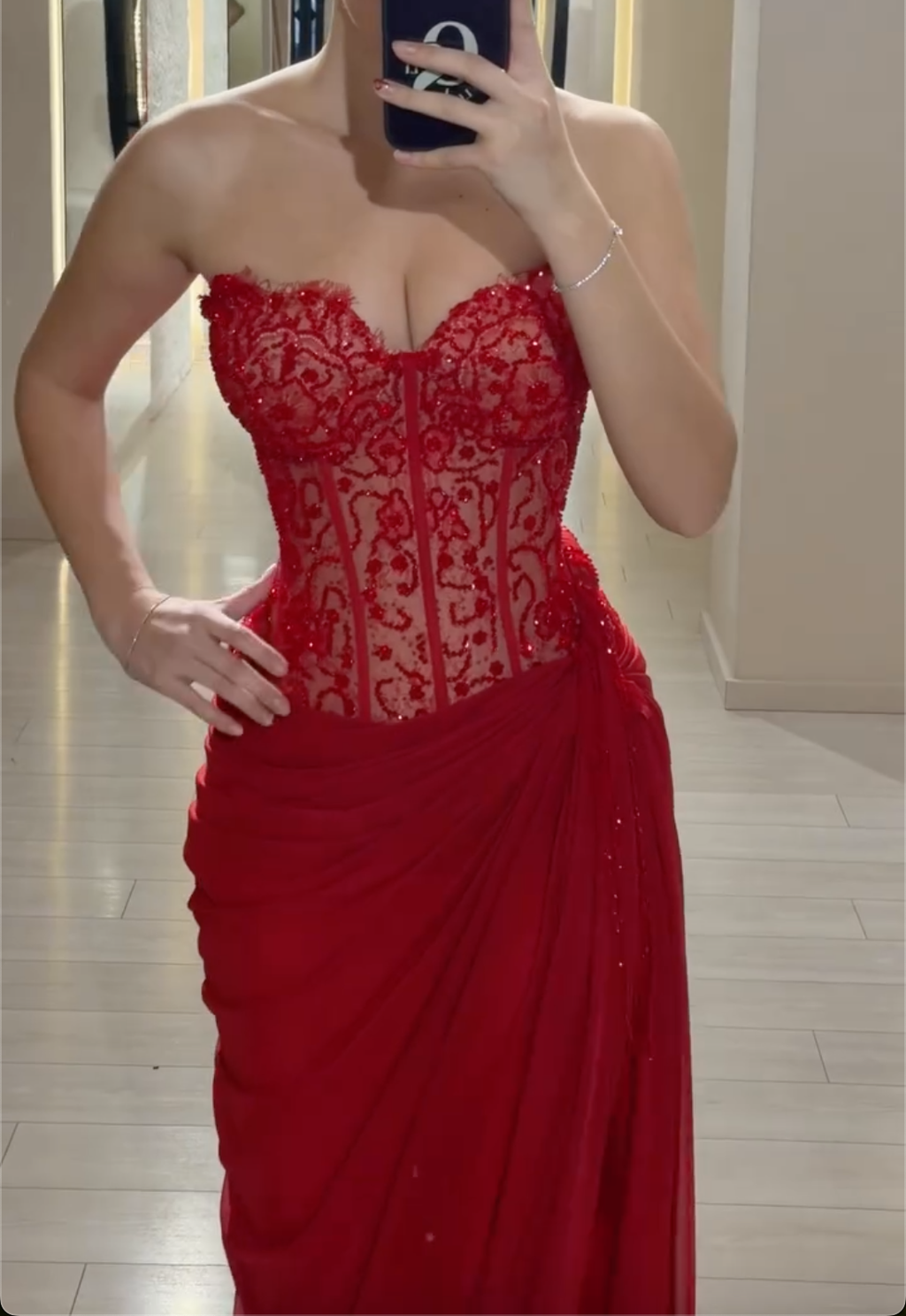 Red Strapless Sheer Corset Maxi Dress with High Slit