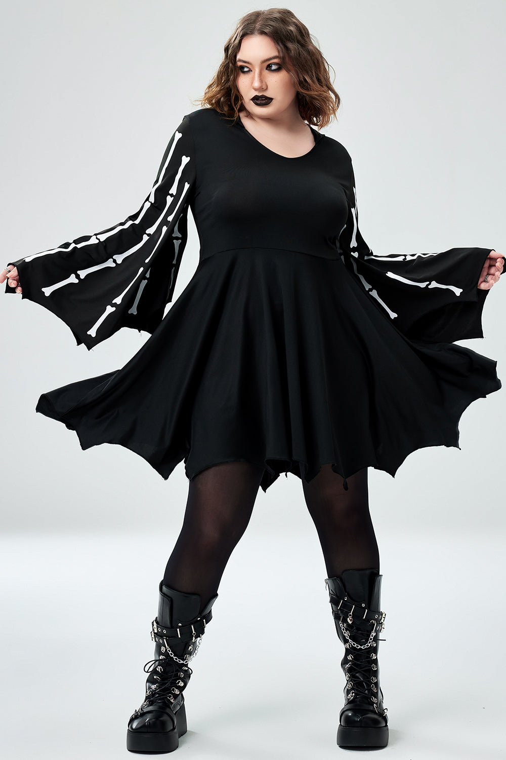 Halloween Costume Black Bat Skeletons Knitted Mini Dress(Ships 24h)