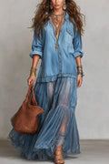 Ladies' Retro Elegant Lapel Denim Organza Patchwork Art Casual Long Dress