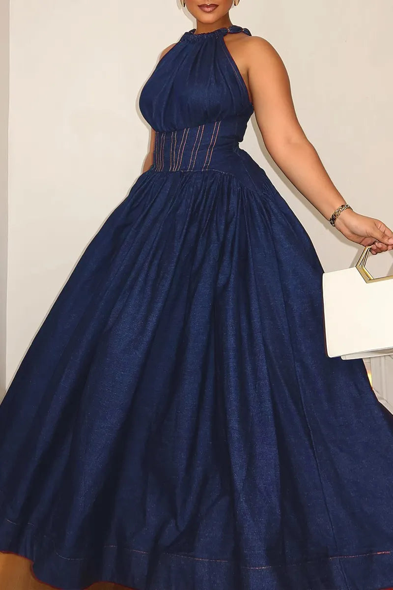 Women‘s Elegant Waist-Defined Denim Dress
