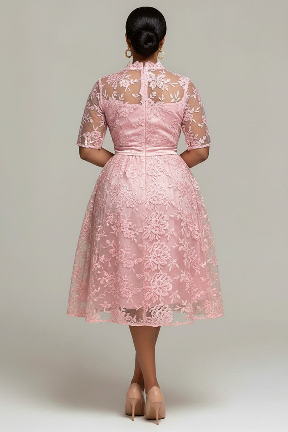 Mother Of The Bride Pink Round Neck Short Sleeve See Through Guipure Lace Midi Dresses