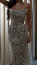 Silver Strapless Mermaid Evening Gown - All-Over Crystal Beaded Formal Dress