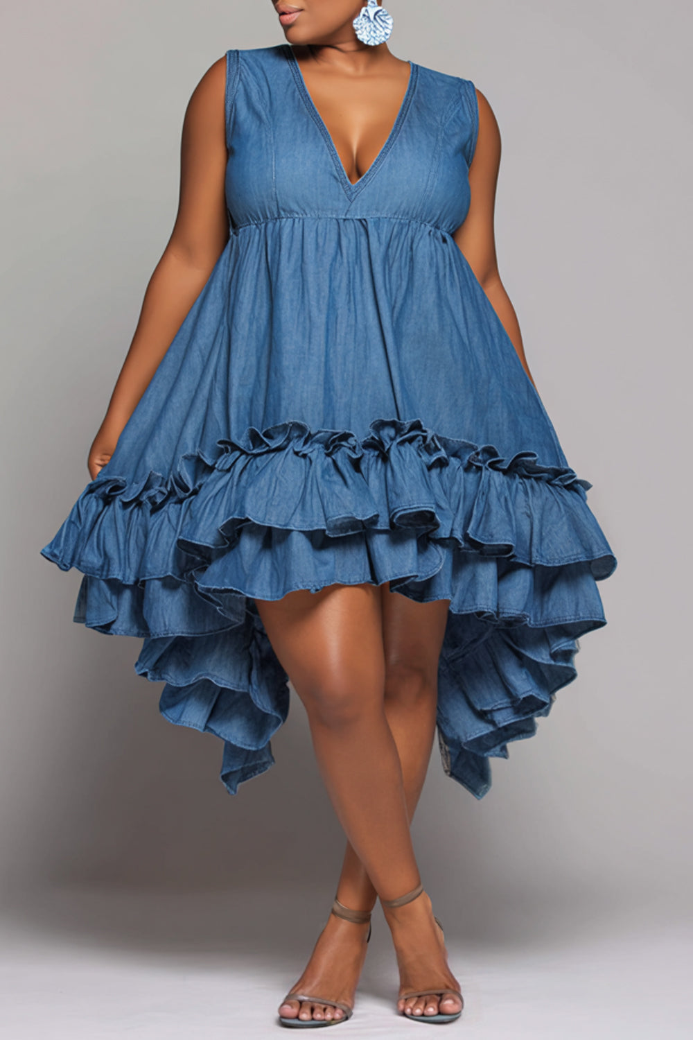 Xpluswear Design Plus Size Vacation Sundress Blue V Neck Ruffle Asymmetric Hem Tencel Denim Mini Dresses