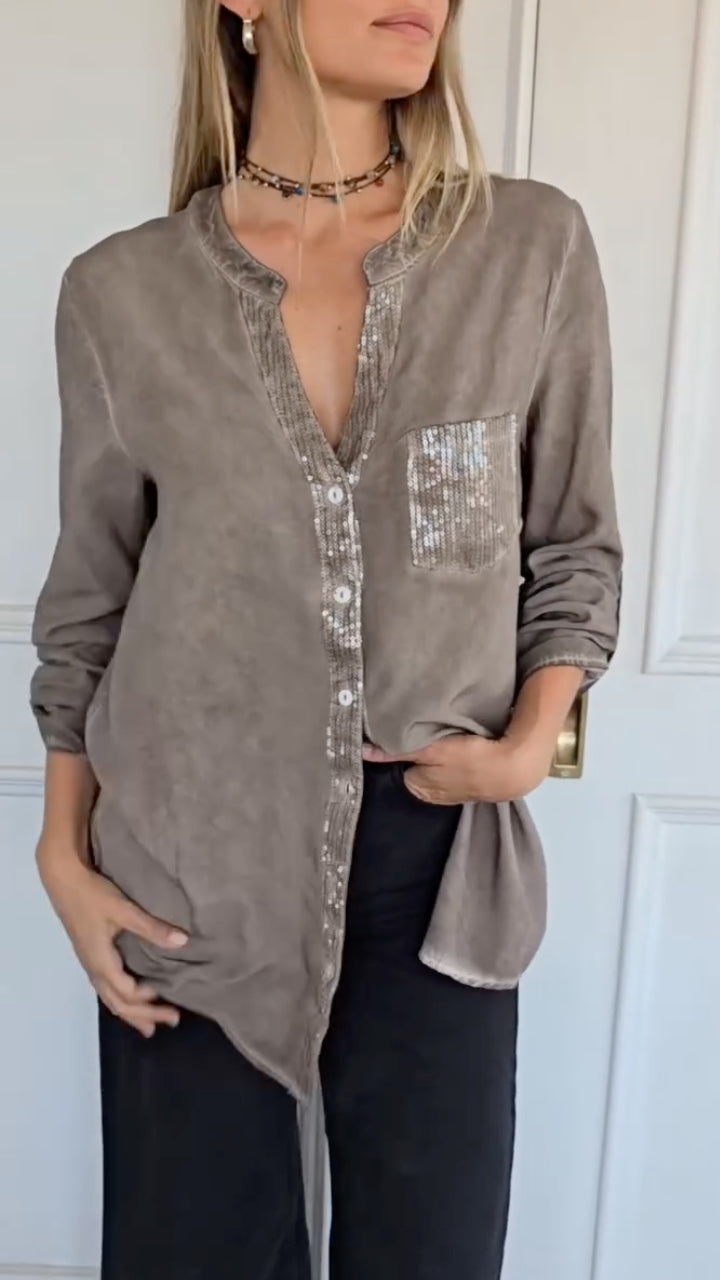 Women's V-Neck Cotton-Linen Casual Top with Sequin Splicing