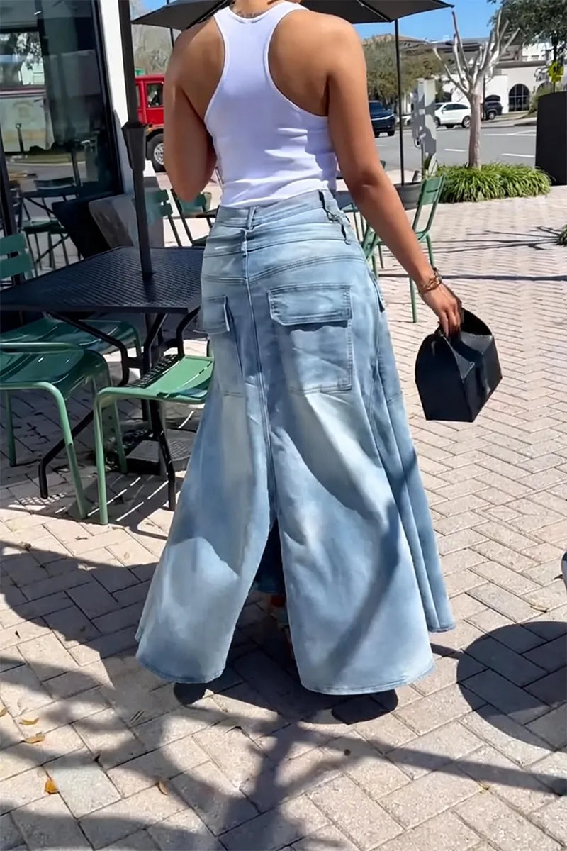 Women's Fashion Double-Layer Jeans Washed Denim Long Skort