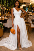 One Shoulder Pleated Slit Evening Gowns Maxi Dresses-White [Pre Order]