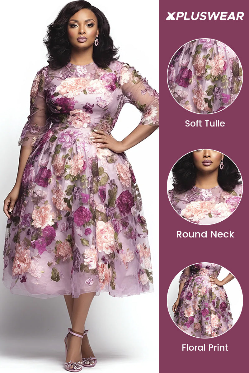 Cocktail Party Elegant Pink Floral Round Neck Half Sleeve See Through Tulle Midi Dresses