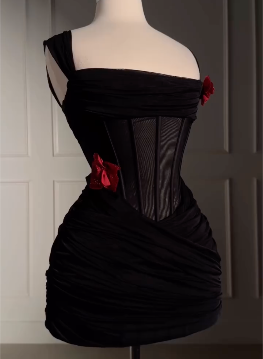 Black Asymmetric Corset Mini Dress with Red Floral Appliqués - Formal Party Gown