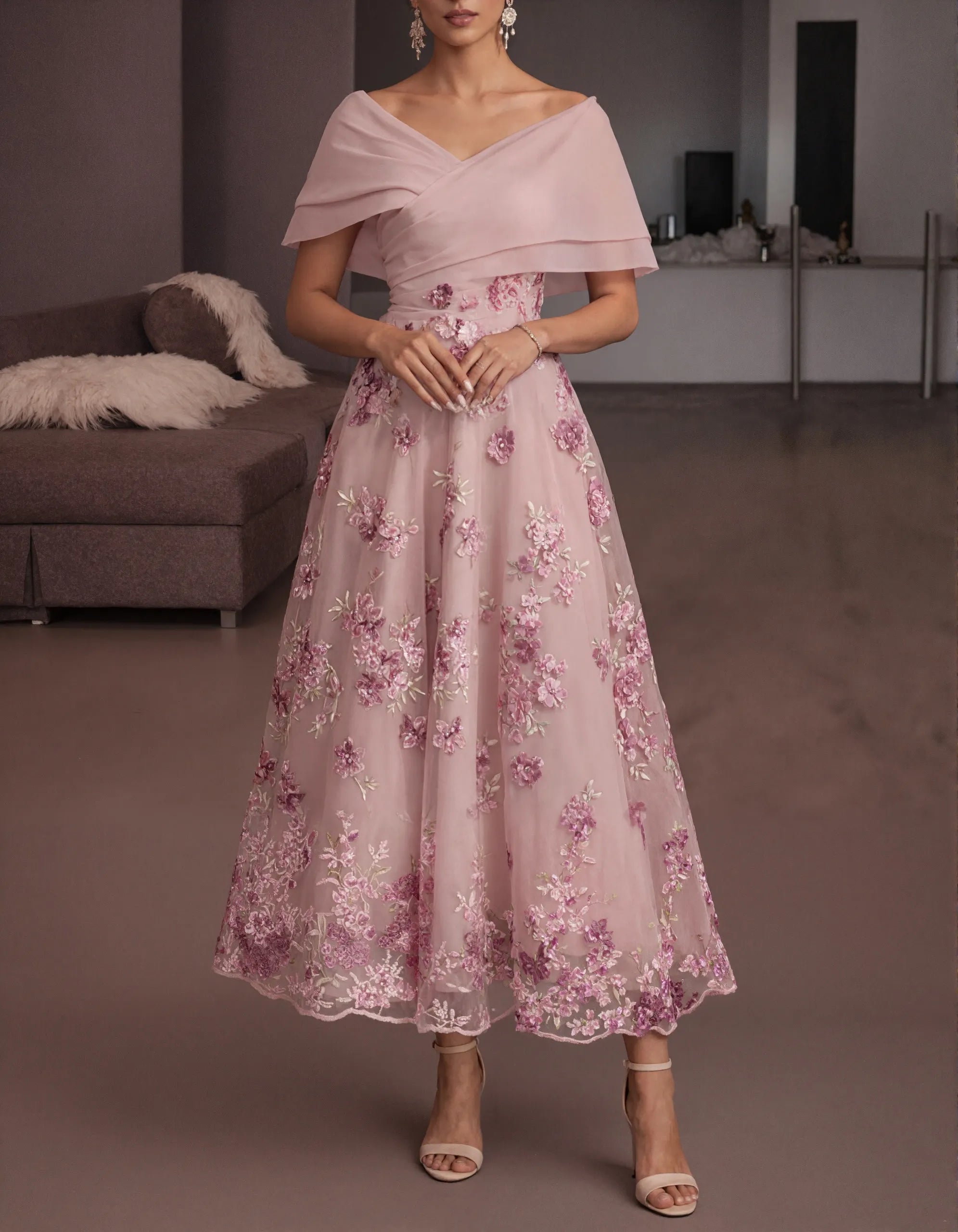 Solid Color Off Shoulder 3D Floral Embroidery Maxi Dress