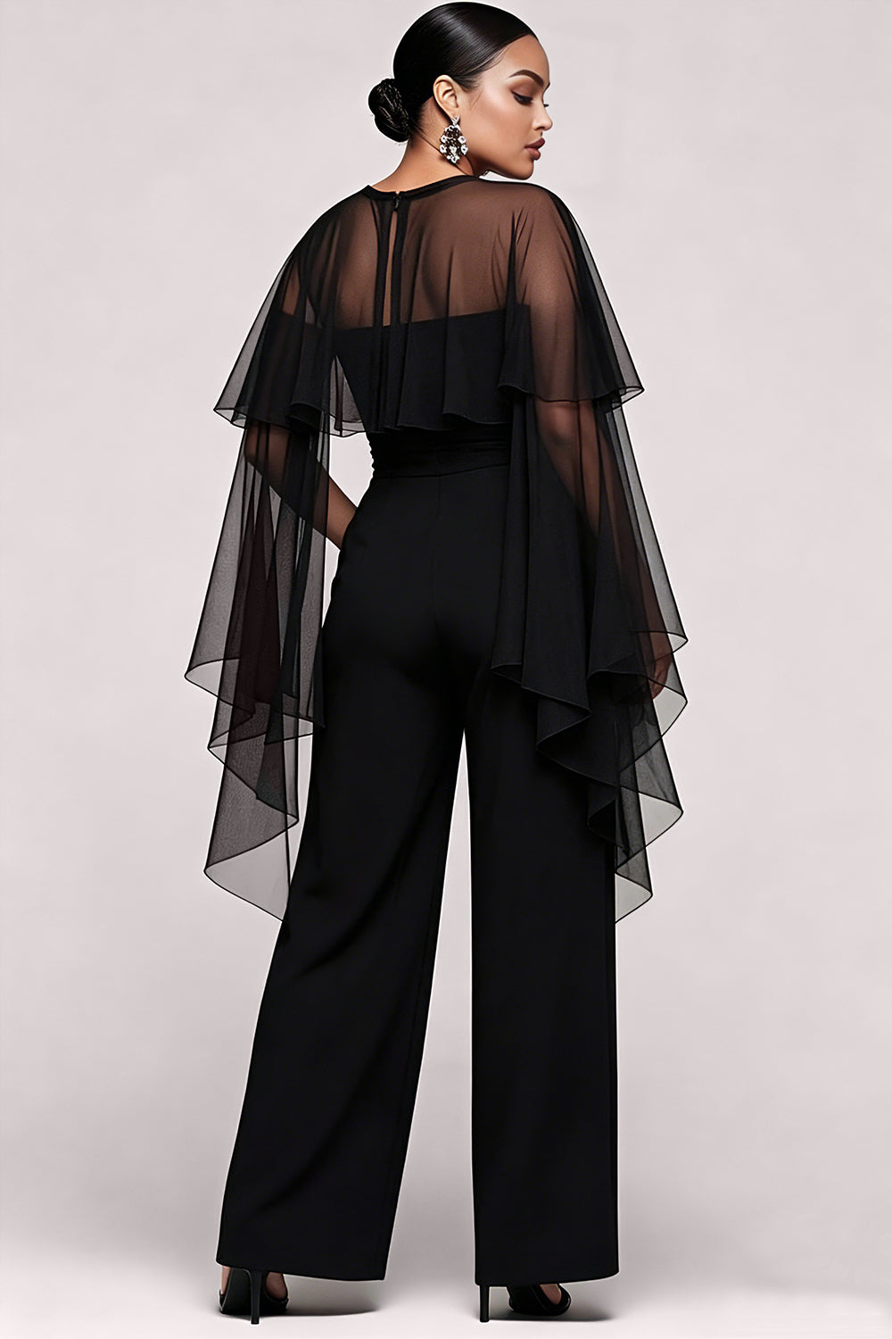 Elegant Black Round Neck Cape Sleeve Short Sleeve See Through Pocket Tulle Jumpsuits