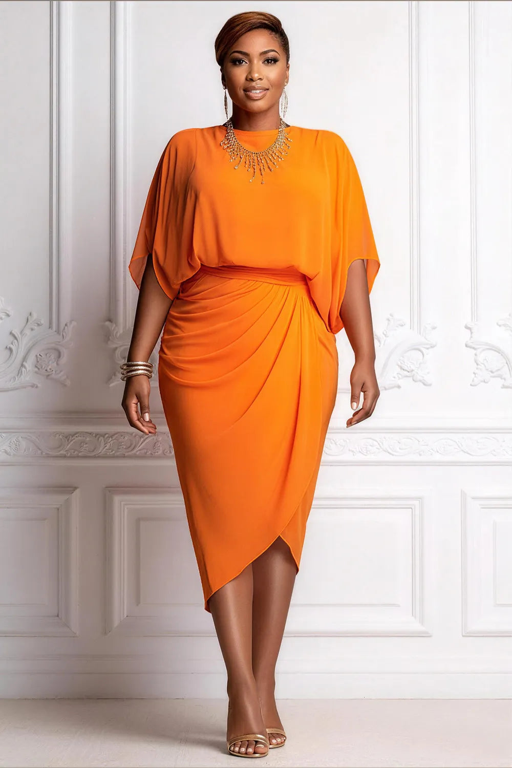Cocktail Party Orange Round Neck Short Sleeve Fold Chiffon Midi Dresses [Pre-Order]