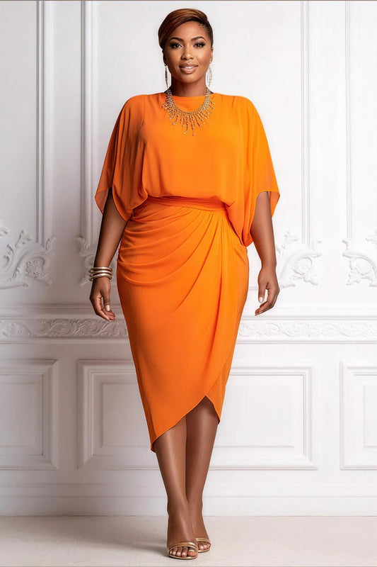 Cocktail Party Orange Round Neck Short Sleeve Fold Chiffon Midi Dresses [Pre-Order]