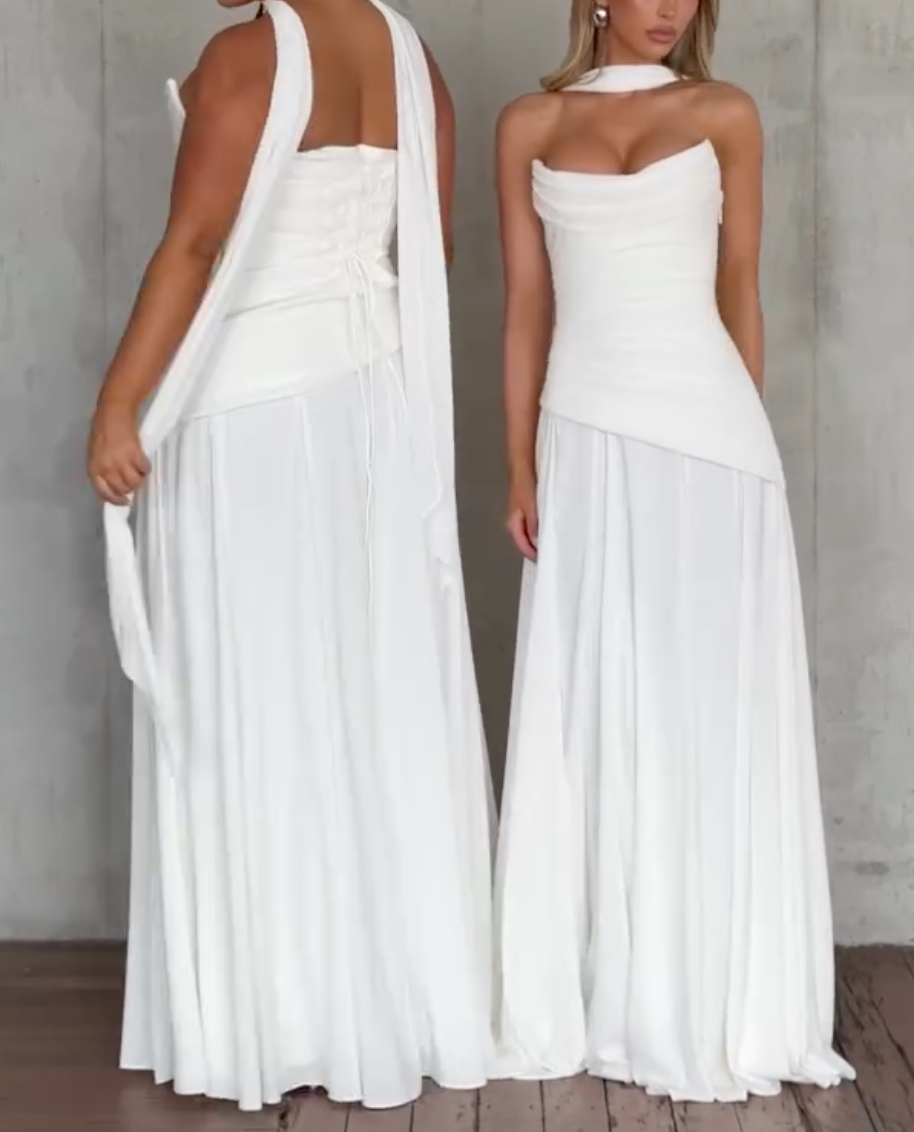 White Bridal Dresses Collection: Off-Shoulder Satin Maxi Dress, Corset Square Neck Mini Dress & Strapless Flowy Maxi Dress - Wedding & Bachelorette Outfits