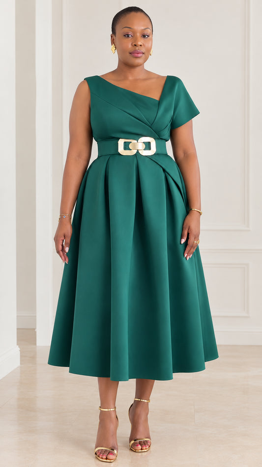 Asymmetrical Neckline Belted Pleated Midi A-Line Cocktail Dress