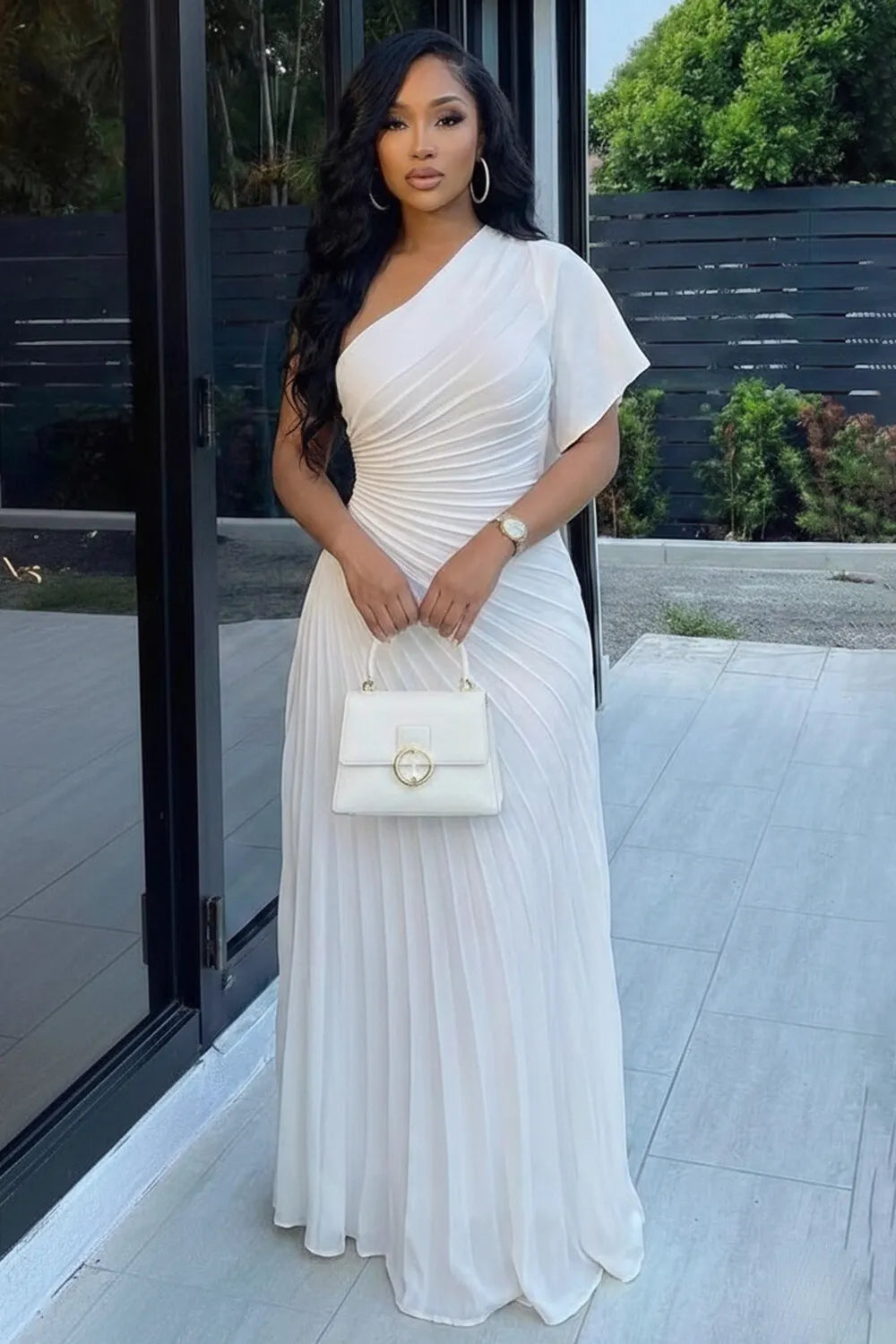 One Shoulder Ruched Cinch Waist Solid Color Maxi Dresses-White