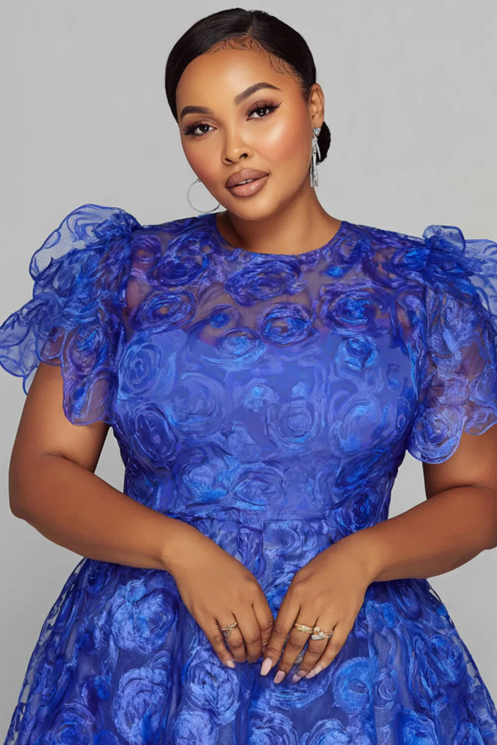 Cocktail Party Blue Round Neck Short Sleeve See Through Organza Midi Dresses