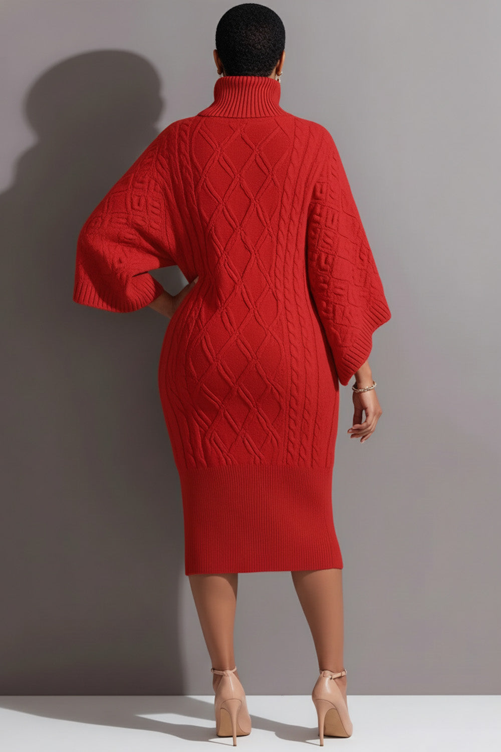 Business Casual Red High Collar Flare Long Sleeve Bodycon Elegant Crochet Midi Dresses