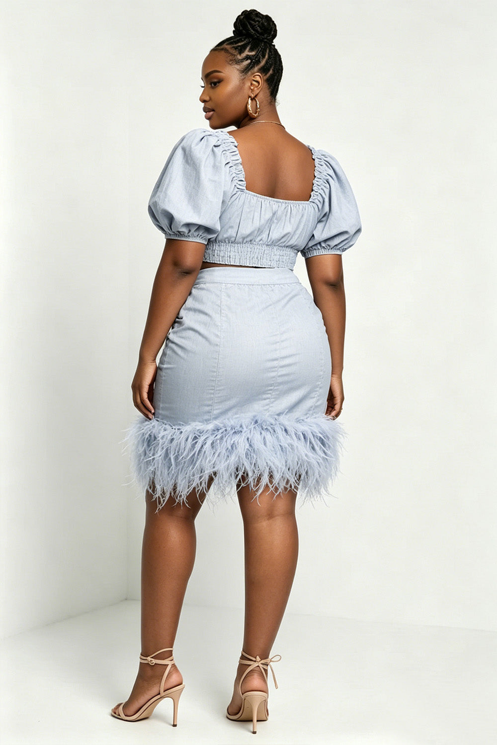Xpluswear Design Plus Size Party Light Blue Square Neck Puff Sleeve Short Sleeve Bodycon Feather Tencel Denim Two Piece Skirt Sets