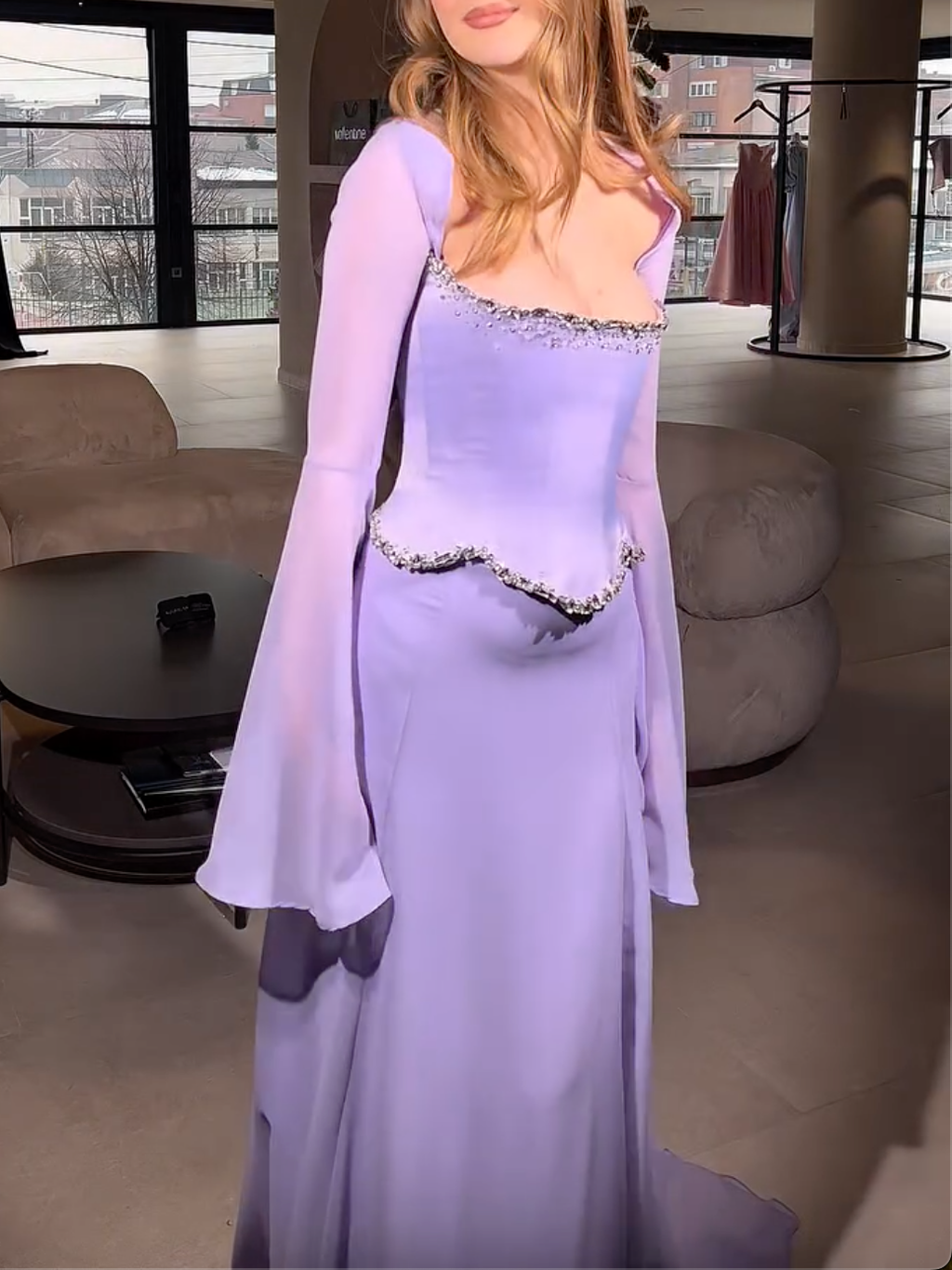 Lavender Purple Maxi Dress with Crystal Trim & Bell Sleeves