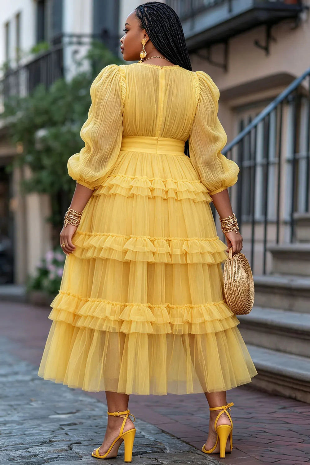 Cocktail Party Yellow Round Neck Lantern Sleeve 3/4 Sleeve Ruffle Tiered Chiffon Midi Dresses