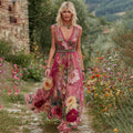 Women's Vintage Floral Embroidery Art V-neck Sleeveless Maxi Dress