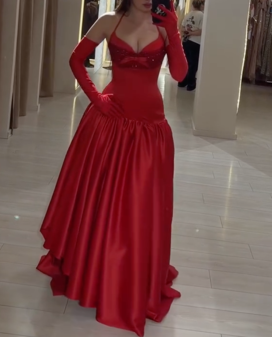 Red Halter Satin Ball Gown - Sparkly Bustier Maxi Formal Dress with Matching Gloves