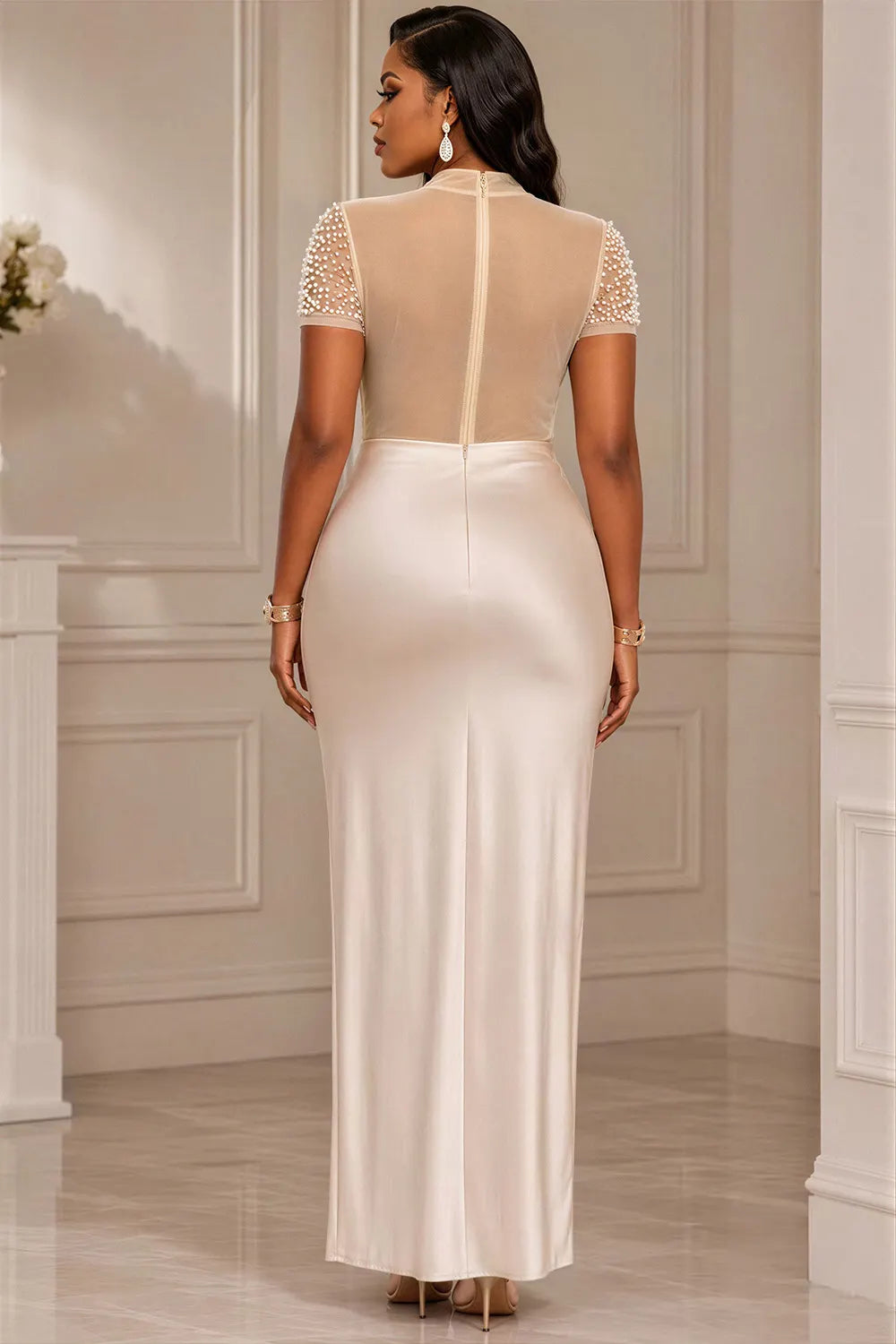 Nude Round Neck Short Sleeve Pearls Split Satin Maxi Dresses [Pre-Order]