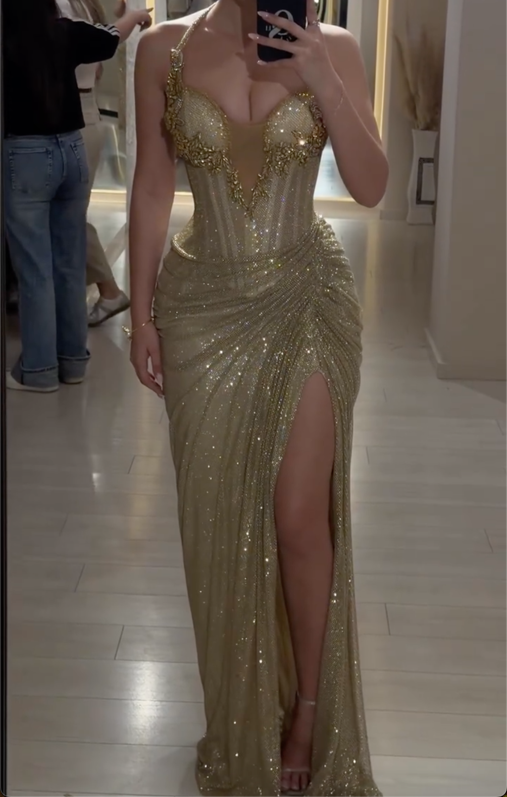 Gold Halter Neck Sparkly Corset Maxi Dress - Deep V with High Slit Formal Evening Gown