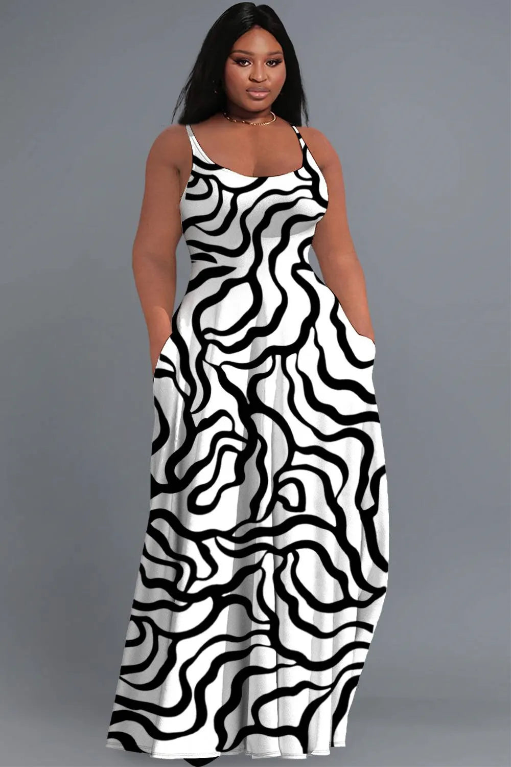Vacation Black Sundress Graphic Round Neck Pocket Maxi Dresses