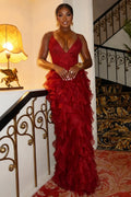 V Neck Floral Lace Multi-Layer Ruffle Gowns Maxi Dresses-Red [Pre Order]