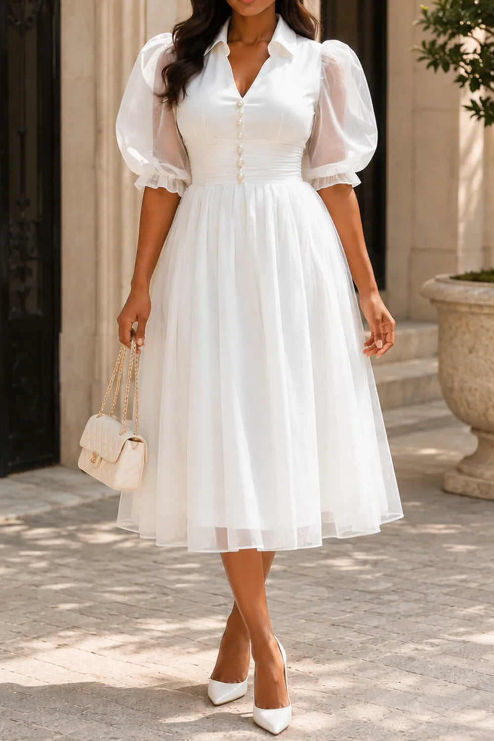 Wedding Guest Elegant White Shirt Collar Puff Sleeve Short Sleeve Pearls Tulle Midi Dresses [Pre-Order]