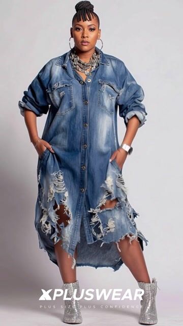 Xpluswear Design Plus Size Daily Blue Shirt Collar Long Sleeve Ripped Pocket Denim Shirt Dresses