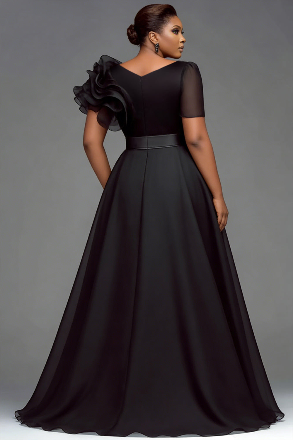 Organza Black V Neck Short Sleeve Ruffle Chiffon Maxi Dresses