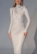 Silver Glitter High Neck Maxi Dress with Crystal & Pearl Shoulder Embellishments