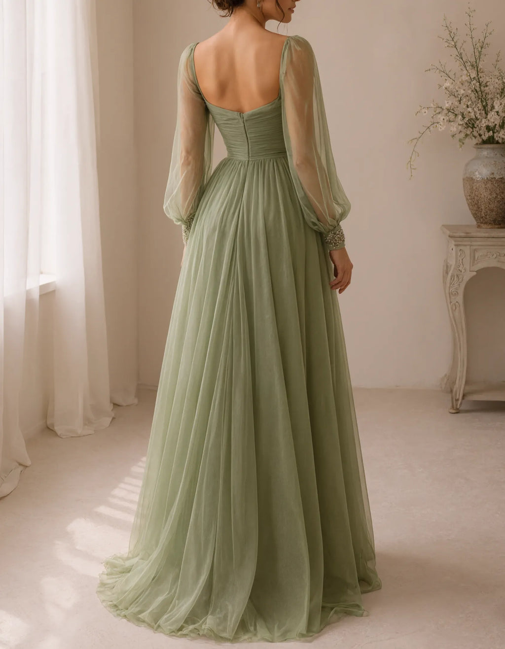 Olive Green Rhinestone Mesh Puff Sleeve Slit Maxi Dress