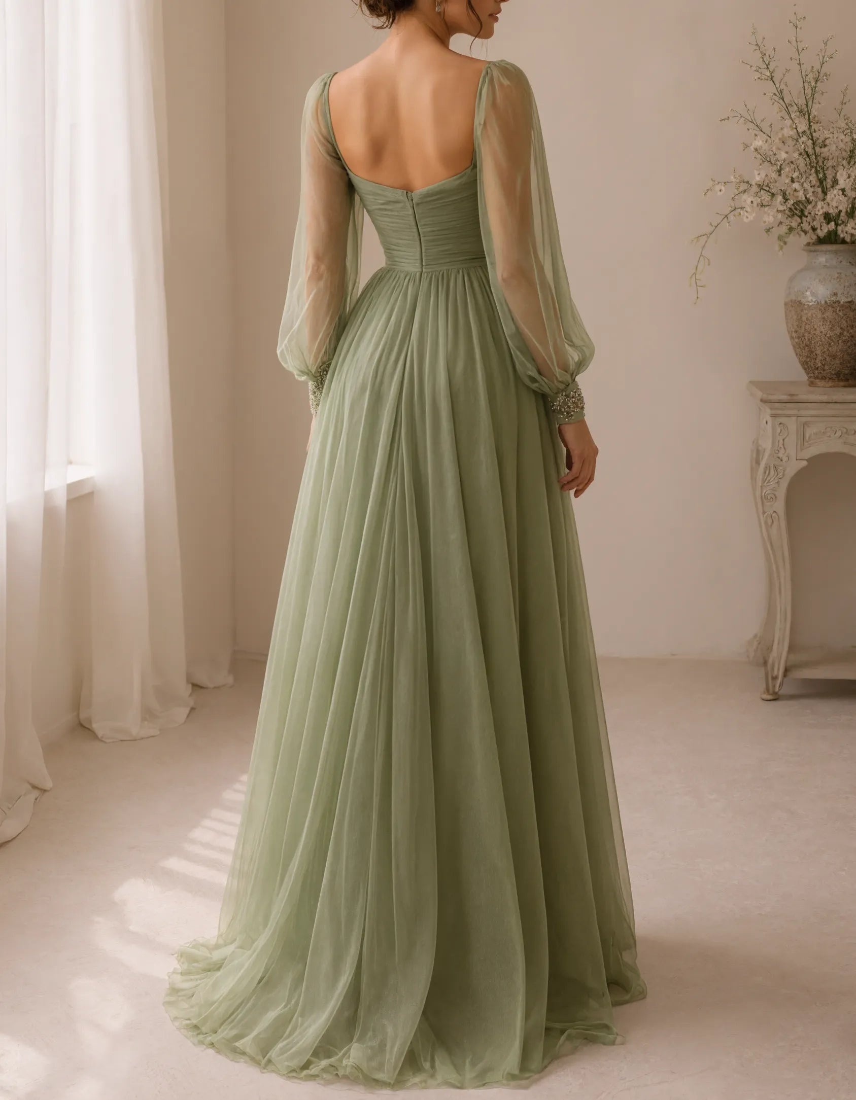 Olive Green Rhinestone Mesh Puff Sleeve Slit Maxi Dress