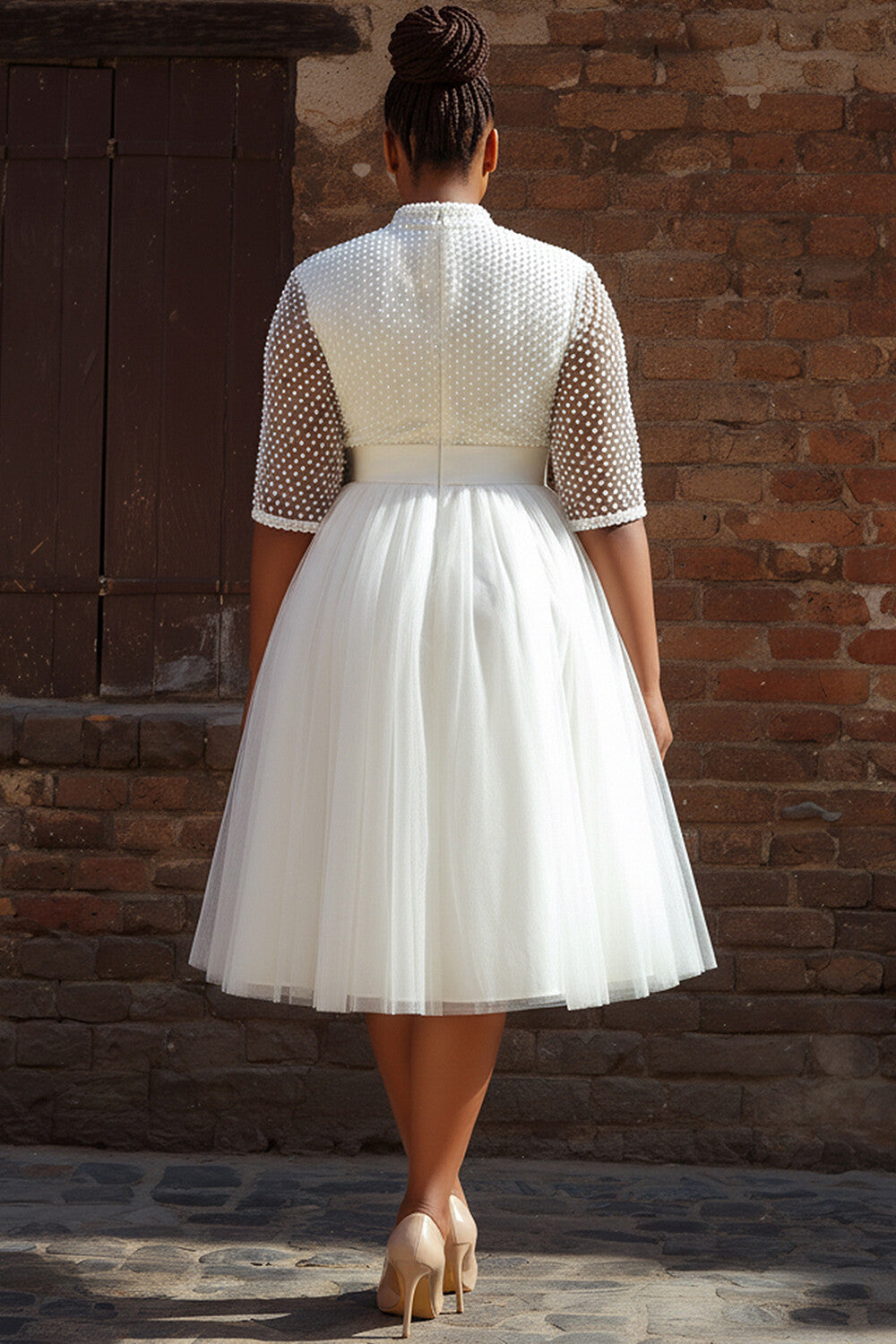 Wedding White Round Neck Short Sleeve See Through Tulle Midi Dresses