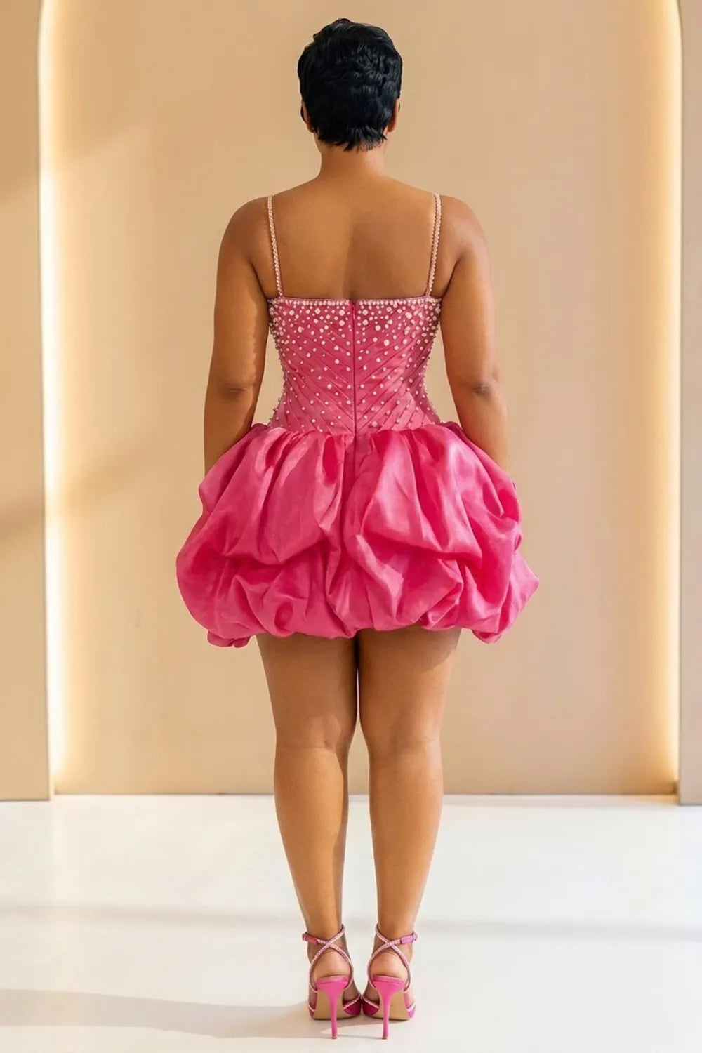 Cami Neck Rhinestone Bubble Hem Party Mini Dresses-Fuchsia [Pre Order]