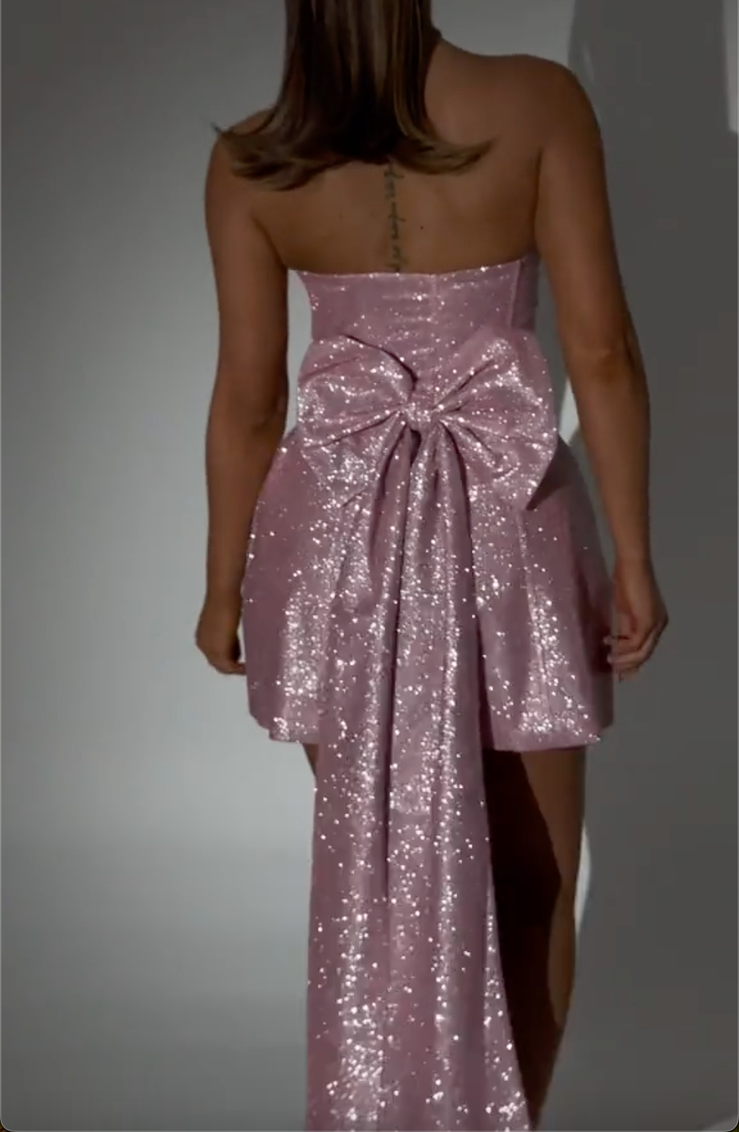 Pink/Blue Glitter Strapless Mini Dress with Oversized Bow Back & Ruched Skirt