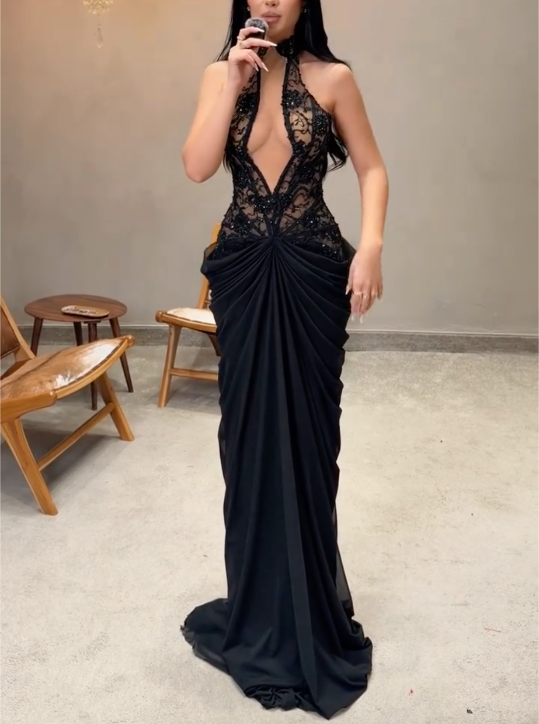Black, Burgundy & Yellow Halter Lace Cutout Maxi Dress - Chiffon Drape Formal Evening Gown for Women
