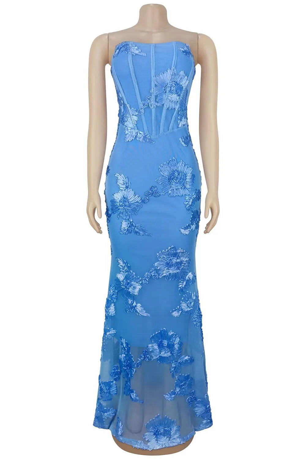 Strapless 3D Floral Decor Mermaid Slim Fit Evening Gowns Maxi Dresses-Blue