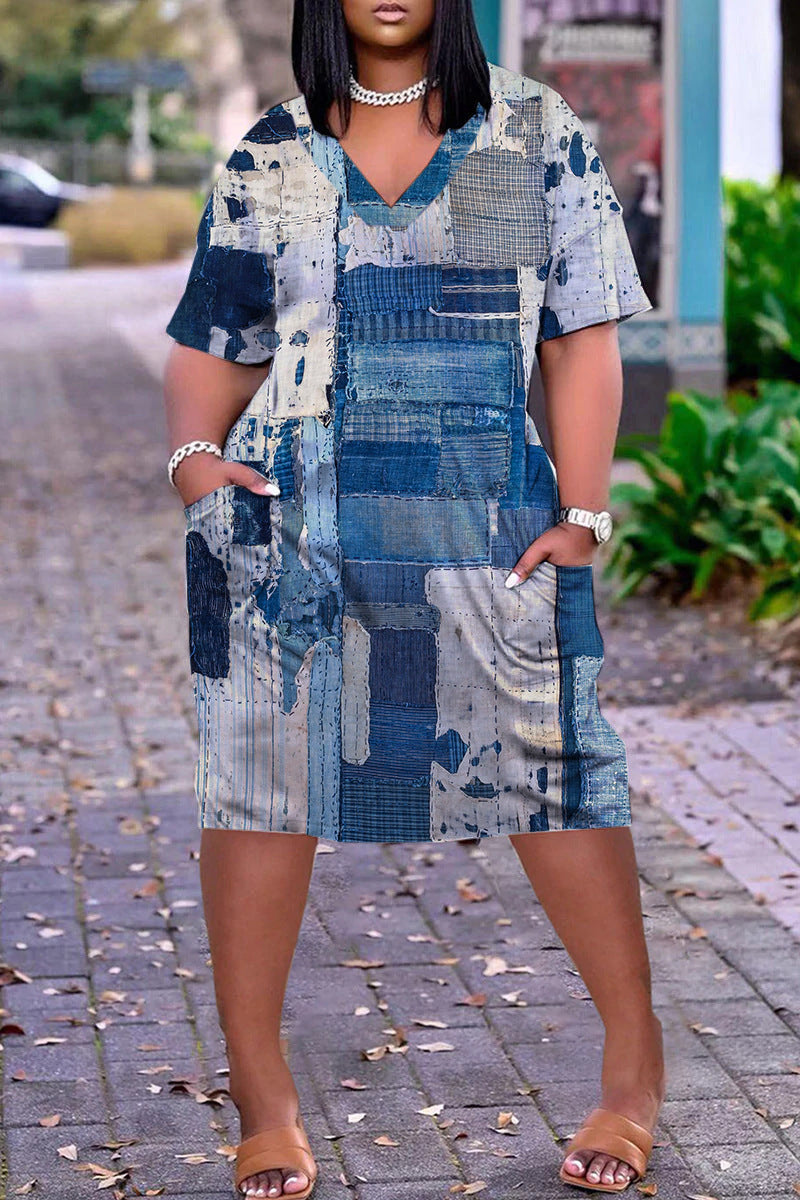 Xpluswear Plus Size Casual V Neck Short Sleeve Print Loose Midi Dress