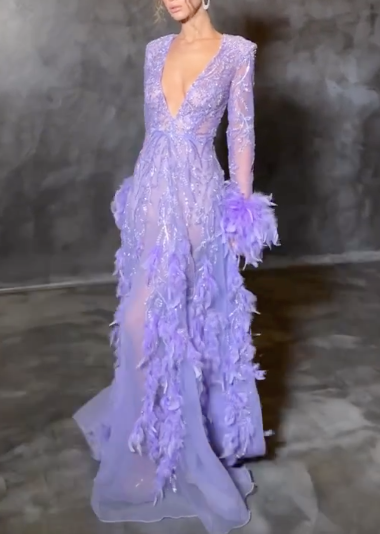 Glamorous Lavender Sheer Mesh Feather Trim Plunge V-Neck Maxi Dress