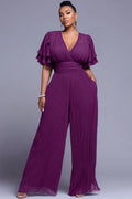 Business Casual Purple V Neck Short Sleeve Pleated Pocket Chiffon Jumpsuits