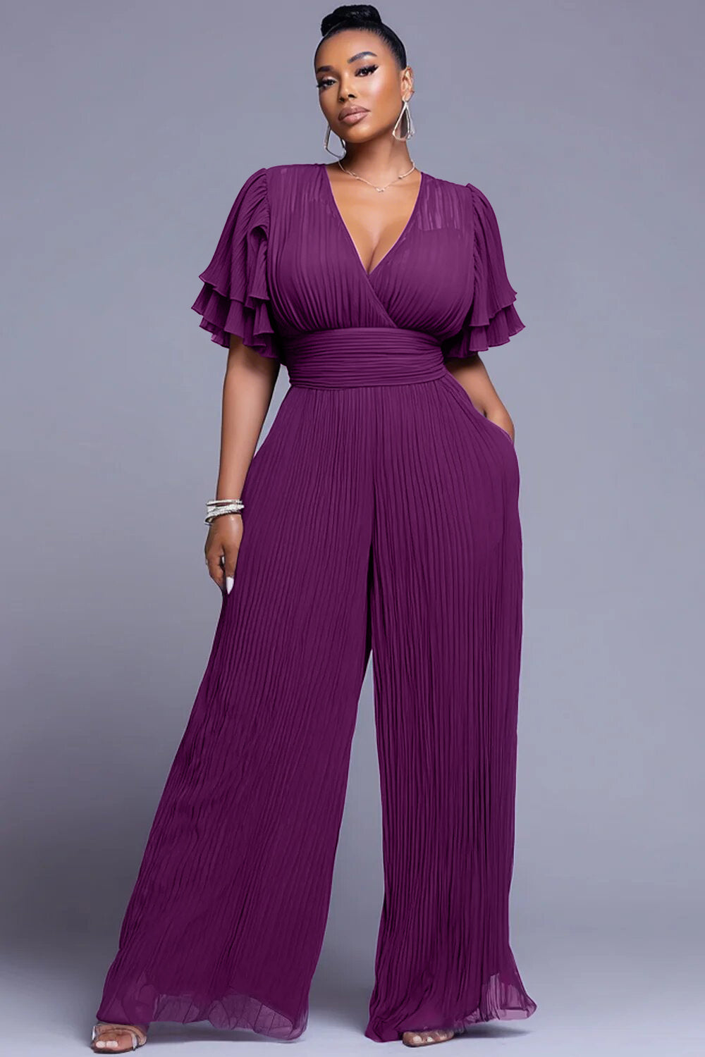 Business Casual Purple V Neck Short Sleeve Pleated Pocket Chiffon Jumpsuits