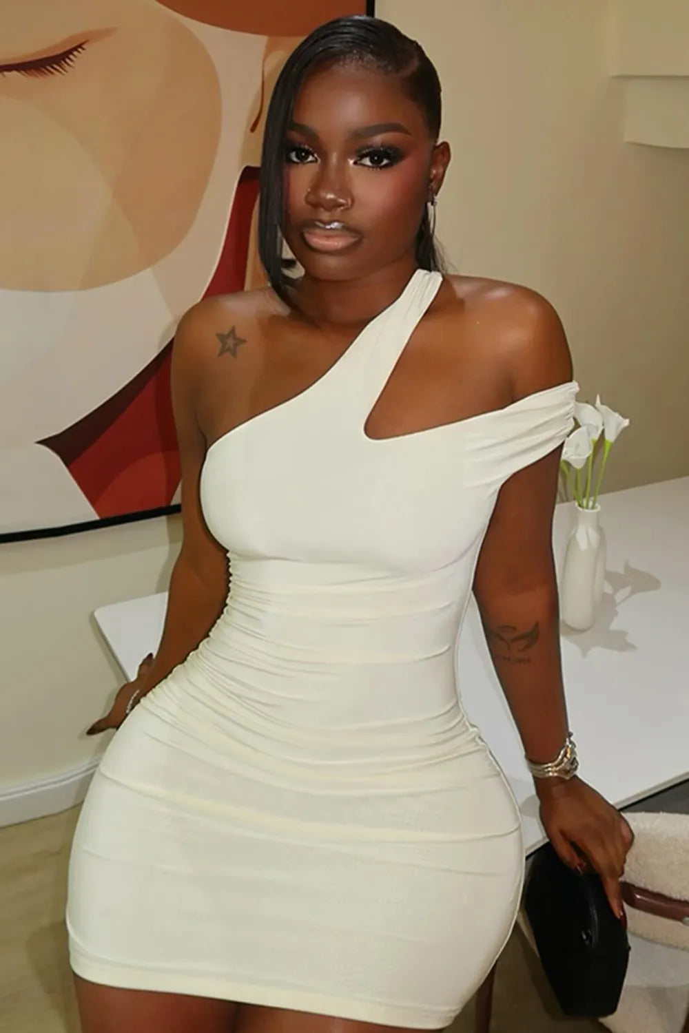 Cut Out One Shoulder Solid Color Ruched Bodycon Casual Mini Dresses-White