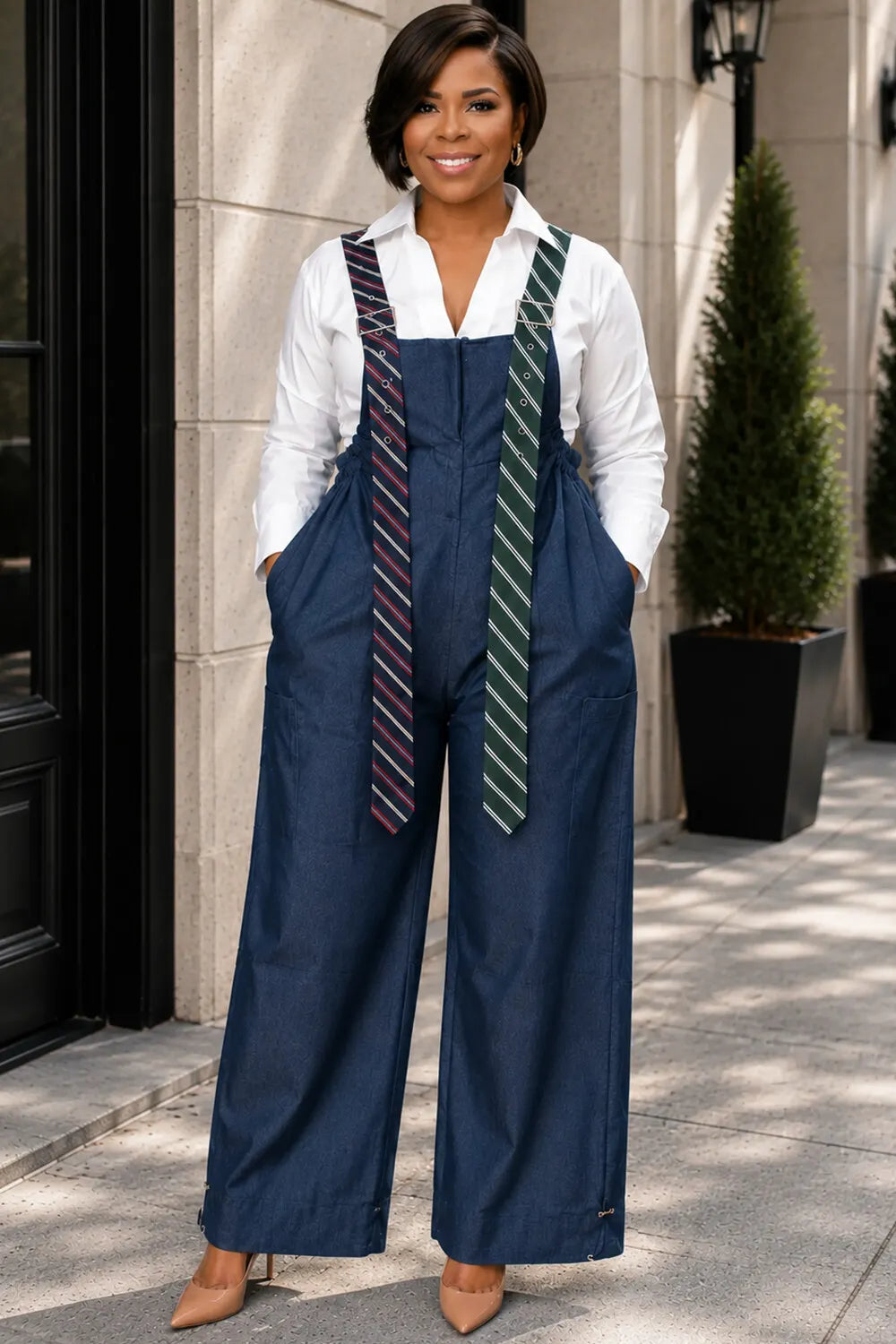 Xpluswear Design Plus Size Business Casual Blue Pocket Tencel Denim Jumpsuits(Without Blouse) [Pre-Order]